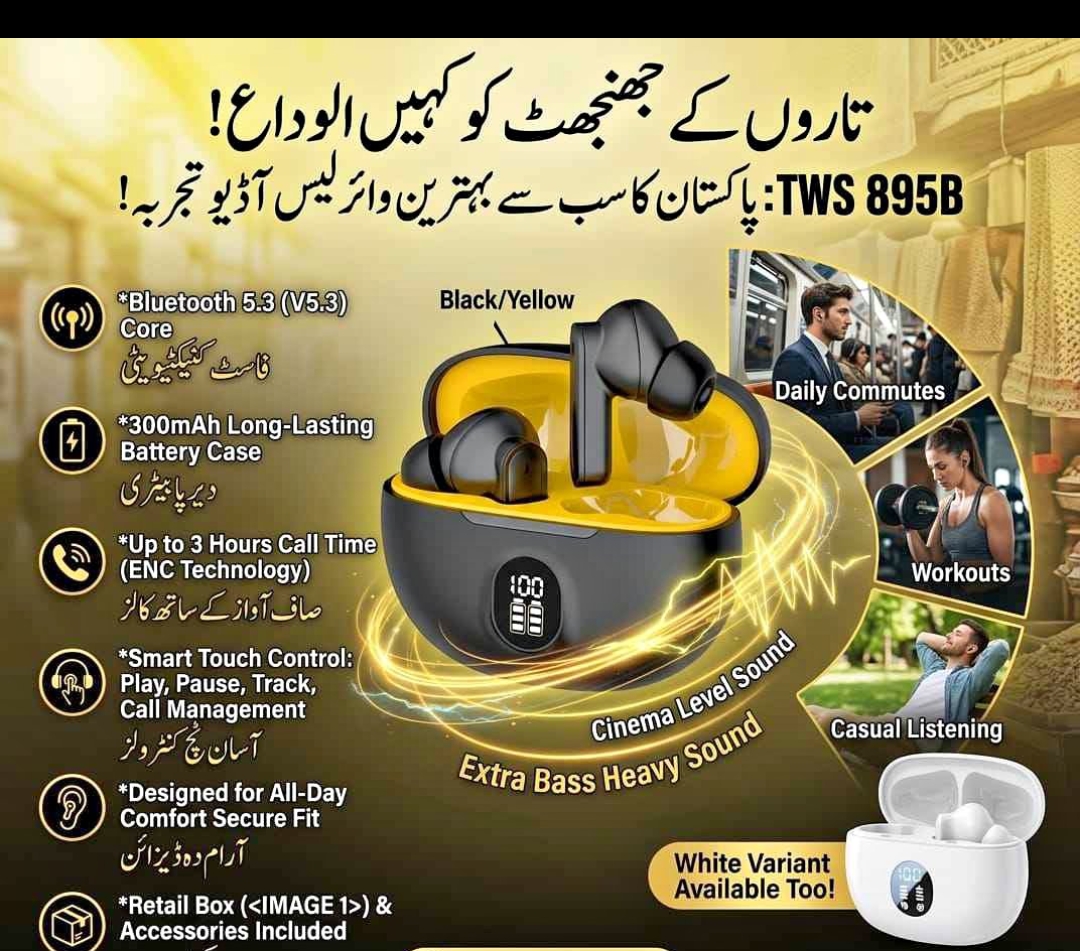 Premium Wireless Earbuds Black Yellow Bluetooth 5.3