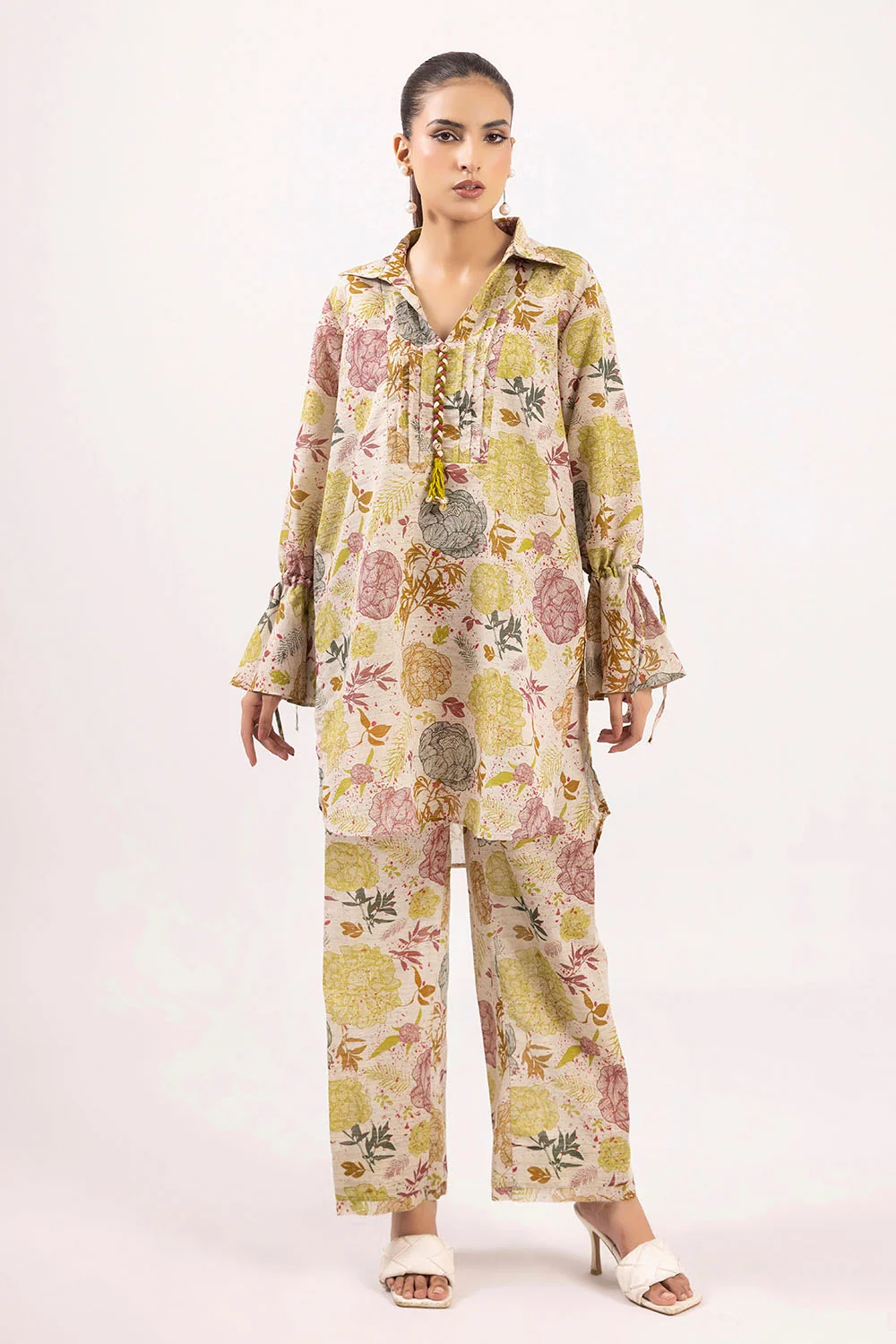 2 Piece Printed Zari Stripe Self Jacquard Suit