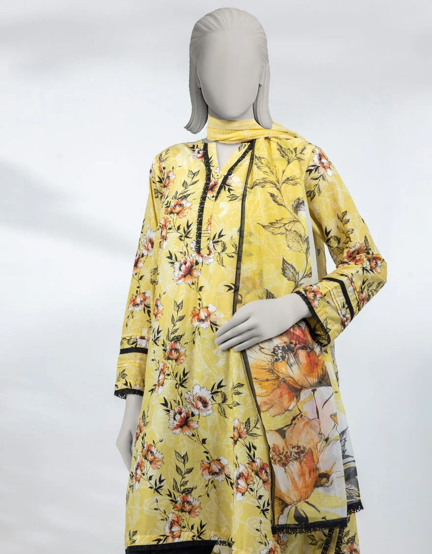 YELLOW LAWN PRINTED UNSTITCHED 2PC