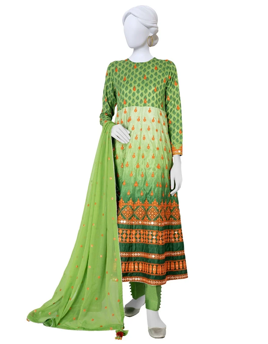 Green Raw Silk Embroidered Unstitched 3Pc