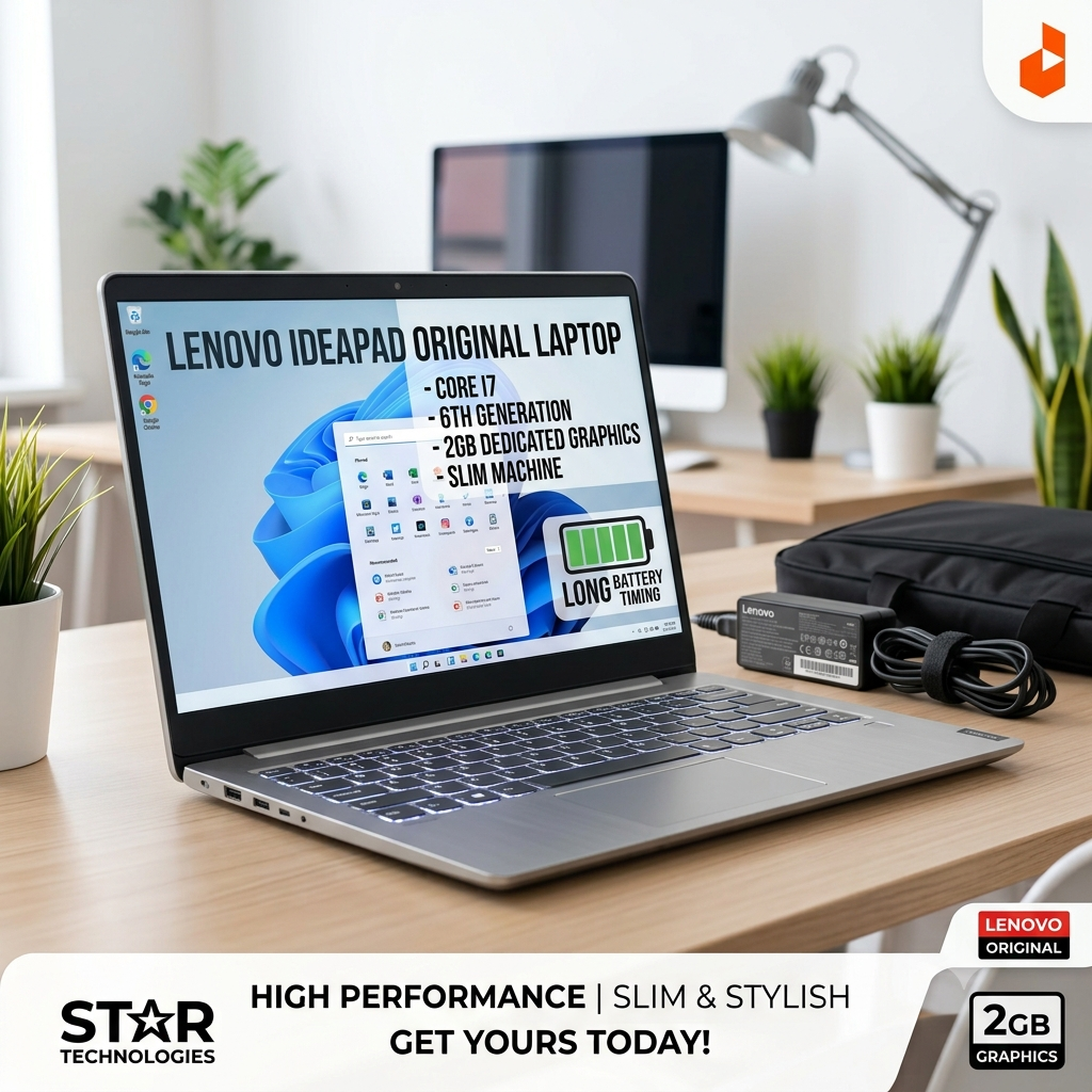 LENOVO IDEAPAD ORIGINAL LAPTOP - CORE I7 - 6TH GENERATION - 2GB DEDICATED GRAPHICS - SILVER COLOR - SLIM MACHINE - LONG BATTERY TIMING - WITH ADAPTER