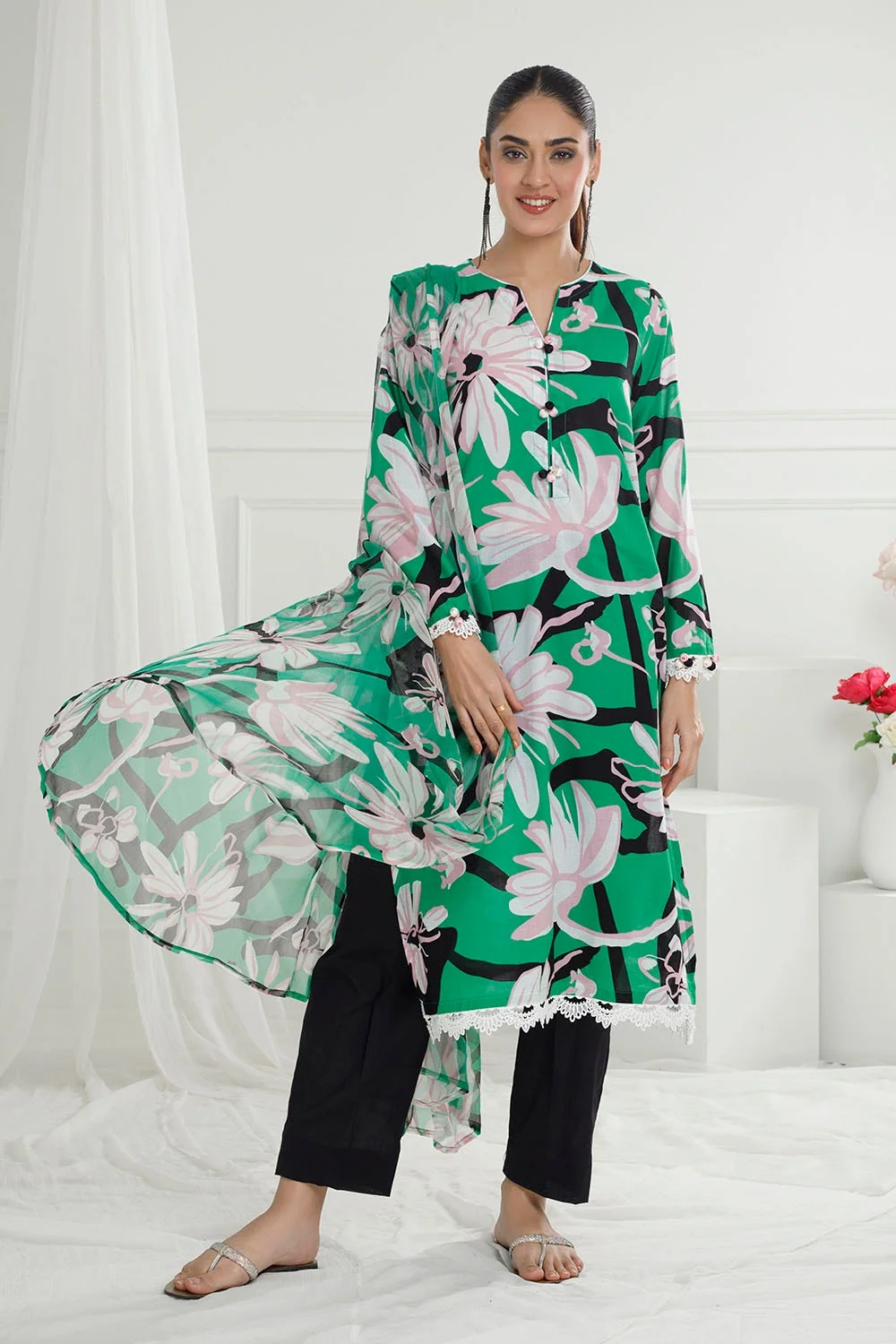 3 Piece Unstitched Printed Lawn Suit with Printed Pure Silk Chiffon Dupatta