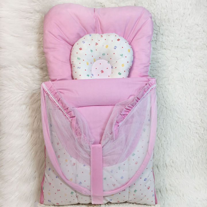 High Quality White Super Soft Baby Sleeping Bag with Foldable Mosquito Net Carry Bag 2 in 1 with Headshaper Pillow Carry Nest Cotton Safety Crib 0-1 Year Infant Portable Baby Cots Crib Headshaper - ba